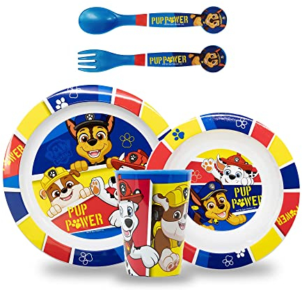 Sorrisini Ensemble de vaisselle pour enfant, Vaisselle réutilisable pour enfants, Services pour Enfant et adapté au micro-ondes, Set de table pour enfant, assiette et bol, couverts tasse, Paw Patrol