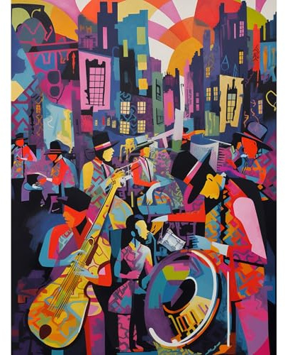 Artery8 New Orleans Jazz Festival Street Musicians Playing Music City at Sunset Abstract Modern Painting Extra Large XL Wall Art Poster Print