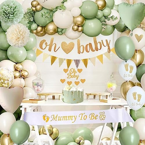 Babyparty Deko Junge, Baby Shower Deko Junge Mädchen mit Luftballoons Grün Gold,Babyparty Girlande,Mommy to Be Sash für Babyshowerparty Neutral Dschungel ,Gender Reveal Party Dekoration Boy Girl