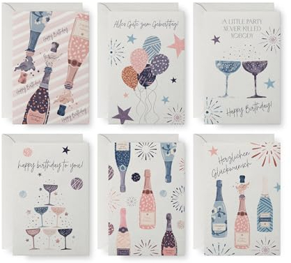 emotioncards - (6 Stück) Geburtstagskarten-Set - Party, Champagner - inkl. Umschlag - Aquarell - Premiumkarton mit angenehmer Haptik und schön zu beschriften (115 mm x 170 mm)