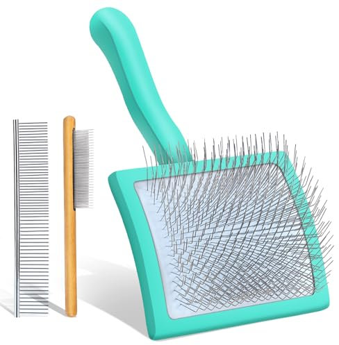 COZYGIFT Dog Slicker Brush for Medium or Long Haired Dogs, Long Pin Slicker Brush for Removes Loose Hair, Tangles and Knots, Best Grooming Tools for Small Animals, Large, Free Pet Comb, Green