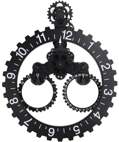 Riuulity Mechanische Retro-Zahnraduhr, Einseitige Ziffernanzeige mit Großem Rad, Wanduhr für Wohnzimmer, Arbeitszimmer, Büro (Black)