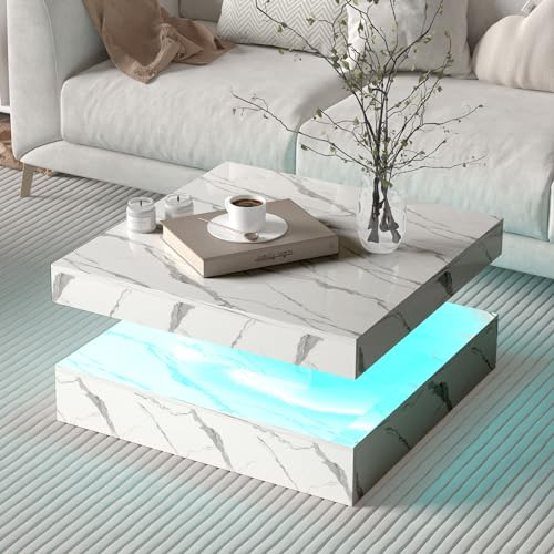 KEEPREAPER Couchtisch Wohnzimmertisch weiß Hochglanz, Sofatisch mit LED Beleuchtung modern für Wohnzimmer, 78 x 78 x 40cm (Weiß-Marmoreffekt-CT03)