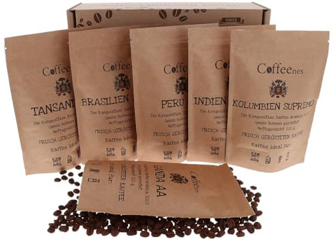 Coffeenes Kaffeebohnen Probierset Geschenkset mit Spezialitätenkaffee – Ganze Bohnen – 100% Arabica – Frisch Geröstet – aus Kolumbien, Peru, Brasilien, Indien, Uganda & Tansania – 6x100 g