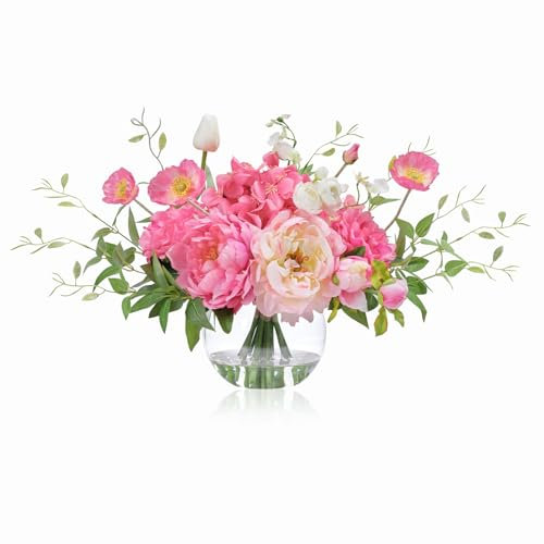 WELL KNOWN Künstliche Blumen für Tischdekoration Seide Hortensien Blumen mit Vase Gefälschte Pfingstrose Blumenarrangements in runder Schale Vase mit Kunstwasser für Sommer Frühling (Fuchsia)