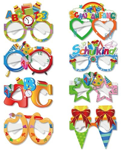 8 Stück Einschulung Deko 2025,Schulanfang Schulkind Brille,Schuleinführung Tischdeko Geschenke Mädchen Junge Partybrillen,Buchstaben 123-Brille Set,Einschulungsdeko Papier Partybrille,für Kinder Party