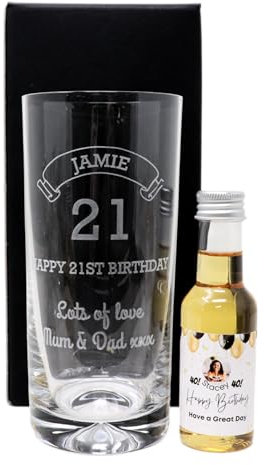 Regalo Personalised Engraved Birthday Age Design Highball Glass & Balloons Photo Miniature Alcohol Bottle Gift Set | 35% vol Spiced Rum | 18th, 21st, 30th Glass