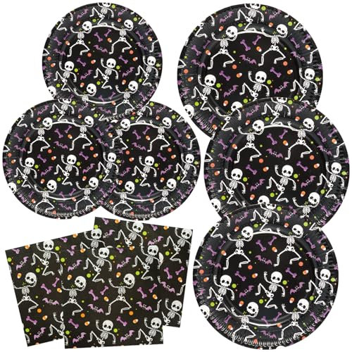 BFB Assiettes en Papier d'Halloween Squelette, Noir - Lot de 48 Assiettes, Serviettes de Table Jetables, Vaisselle et Fournitures de Fête