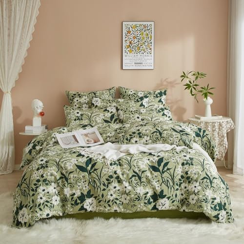Luowei Grün Bettwäsche 135x200 Baumwolle Dunkelgrün Pflanzen Weiß Blumen Bettwäsche Set Sommer Aesthetic Bettbezug mit Reißverschluss und 1 Kissenbezug 80x80cm