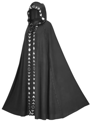 YUEMOL umhang schwarz Halloween Mittelalterlicher Umhang mit Kapuze, Herren und Damen, Vintage, Gothic, Vampir, Teufel, Zauberer, Umhang, Ritter, Cosplay-Kostüm(Black Cloak,Adult 190cm Tall)