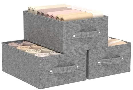 ENUMAIL 3 Stück Klappbox mit Griffen für Regale, Faltbare Stoff Aufbewahrungsbox aus Leinen, Aufbewahrungskörbe mit Griffen für Schrank, offene Stoffbehälter, 33×23×14 cm, Grau