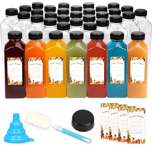 Moretoes 36pcs 16oz Juice Bottles, Reusable Plastic Bottles with Lids and Black Tamper Evident Caps, Bulk Plastic Clear Containers for Juice, Smoothies, Cola, Water, Beverages