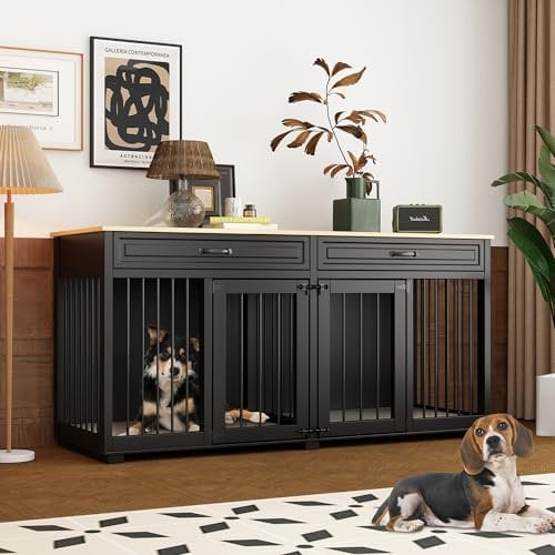 Hundekäfig für Haustiere,großer Hundekäfig,Hundehaus mit 2 Schubladen+2 Türen,Transportkäfig für Hunde,mit Arbeitsplatte,Schwarz+Braun,160x60x80cm