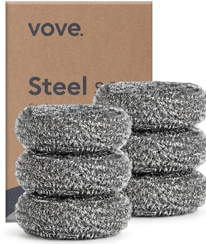 Vove Edelstahl-Scheuerpads 6er-Pack, rostfrei & extra robust | Metallschwämme für Gusseisen, Töpfe, Pfannen und Grills, mikroplastikfrei, FSC-zertifizierte Verpackung