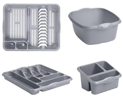 Homey Mart 4-Piece Kitchen Sink Set, Large Dish Drainer, 39cm Washing Bowl, Cutlery Tray and Sink Tidy, Grey/Silver