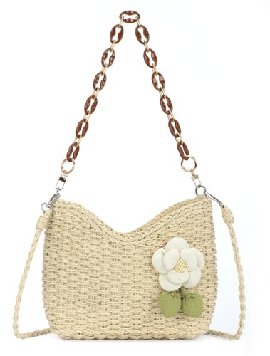 EVEOUT Sac Bandoulière en Rotin avec Fleur Femme été Boho Sac Panier Raphia Tissé avec Chaîne Sac Fourre Tout Paille pour Plage Vacances(Beige)