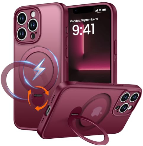 PuyaTeya Magnet-Ständer 360° für iPhone 13 pro max Hülle, Matt-Weinrot | Kompatibel mit Magnetischer 16FT Military Drop Protection, Anti-Kratzer/Fingerabdruck Handyhülle für iPhone 13 pro max