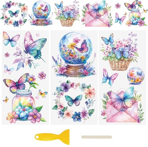 WANDIC 3 Sheets UV DTF Wraps Stickers,Rainbow Butterflies Cup Decals Furniture Stickers Waterproof Transfers Window Decals for Glass and DIY Crafts