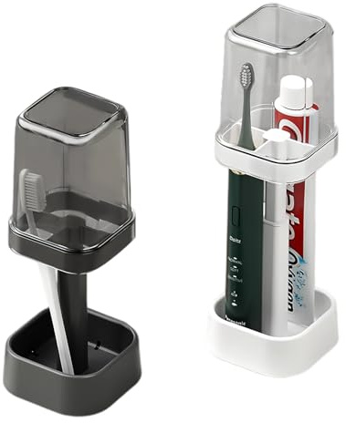 2PCS Soporte para Cepillo de Dientes con Vaso Enjuague Bucal – Organizador Accesorios de Baño Multifuncional – Portacepillos de Dientes Ajustable en Altura para Cepillos Regulares y Eléctricos