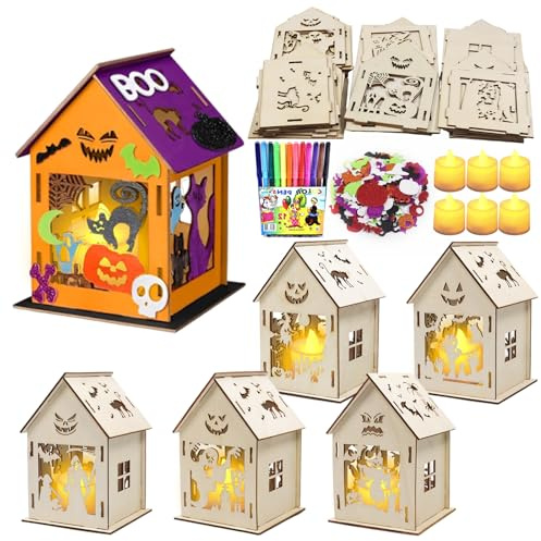 DIY Halloween Kinder, 6-teiliges Holzhaus, beleuchtet, Halloween-Dekoration, Spukhaus-Kits mit LED, Basteln, Herbstaktivitäten für Kinder, Dekoration, Halloween-Party