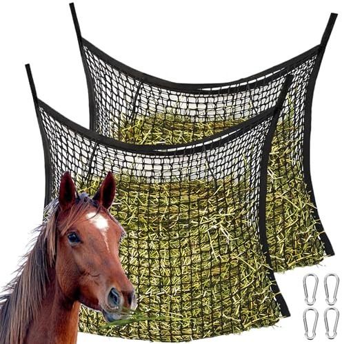 Behogan 2 Stück Heunetz für Pferde 60 x 90cm: Farming Heunetz mit 4 Karabinerhaken, Heusack für Pferde, Heunetz Engmaschig Füllmenge 8kg, Heutasche, Heusack Fütterungszeit kann Verlängert Werden