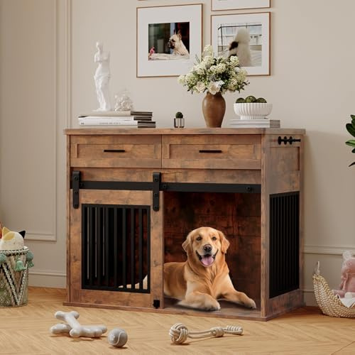 44.5'' Dog Crate Furniture with Hook and Storage Drawer, Wooden Dog Kennel with Sliding Barn Door Indoor Furniture Style Dog Crates End Table for Medium/Small Dogs