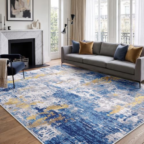INOVADAY Abstrakt Waschbarer Teppich 244x305 cm Blau/Gold | Teppich Wohnzimmer, Teppich Waschbar, Schlafzimmer, Esszimmer, Büro, Moderne Minimalistische, Kurzflor Weich Rutschfest, OEKO