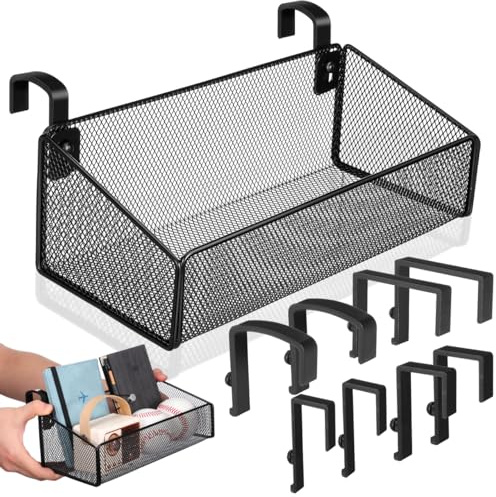 Didiseaon Bedside Organiser Hanging Storage Basket: Metal Organiser Rack with 10 Hooks Black Wire Mesh Bedside Storage Caddy Hanging Shelf for Bunk Beds, Dorm Bedroom Office