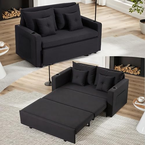 Sofa mit Schlaffunktion, 2-Sitzer Ausziehbares Schlafsofa mit Getränkehalter, USB-Anschluss & Seitentaschen, Metallrahmen , Kompaktes Schlafcouch für Wohnzimmer, Büro oder Gästezimmer (Schwarz)