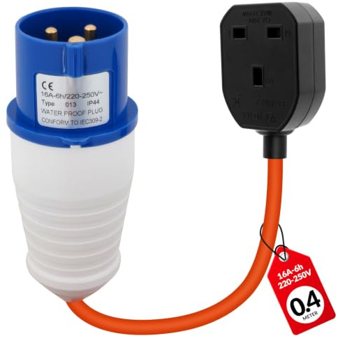16A to 13A Caravan Adapter Lead, 0.4m IP44 Waterproof Fly Lead with UK 3-Pin Female Socket & 13A Fuse, for Campervan, Motorhome, Boat