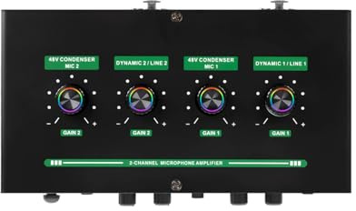 Hamwesh 2 Channel Audio Mixer, Microphone Sound Interface Amplifier, 48V Phantom Power Amplifier with Reverb, 2 Input & Rechargeable Battery for Dynamic Condenser Mics Instruments