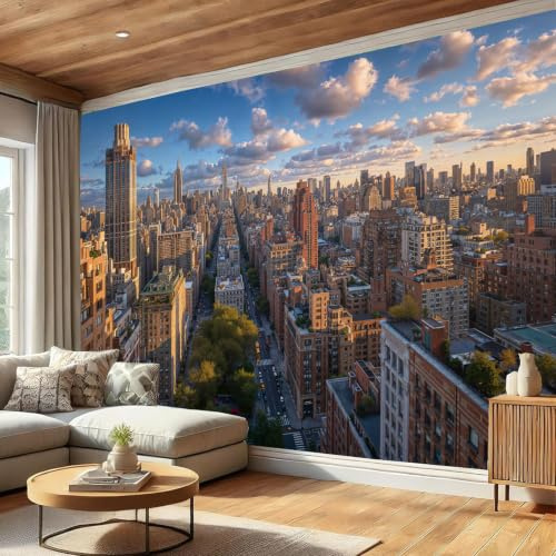 Moderne Architektur Fototapete Wandtapeten, New York City Panorama Poster Wanddeko Hellbraun Tapeten Wandtapete für Küche Wohnzimmer Schlafzimmer 300 x 210 cm