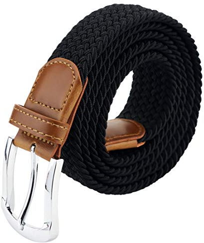 maikun Braided Elastic Stretch Woven Belt with Leather Tip Nickle Pin Buckle Black
