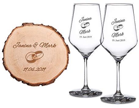 Casa Vivente - Coffret Cadeau - 2 Verres à vin Blanc et Tranche de Tronc d'arbre avec Gravure - Personnalisé avec [Noms] et [Date] - Motif Anneaux - Idée Cadeau pour Couple - Cadeau de Mariage