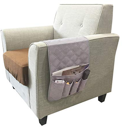 IPENNY Anti-Slip Couch Sofa Armrest Organiser Chair Bedside Storage Pocket TV Remote Holder Bed Storage Pocket Bag for Cellphone Notepad Book Magazines Holder Pouch (#E3-Grey (5 pockets))