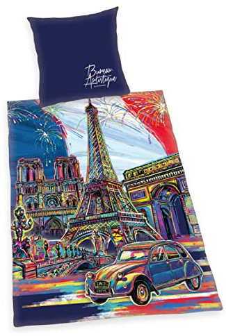 Herding Bettwäsche- Set Bureau Artistique Paris, Kopfkissenbezug 80x80cm, Bettbezug 155x220cm, Satin, mit Qualitäts- Reißverschluss