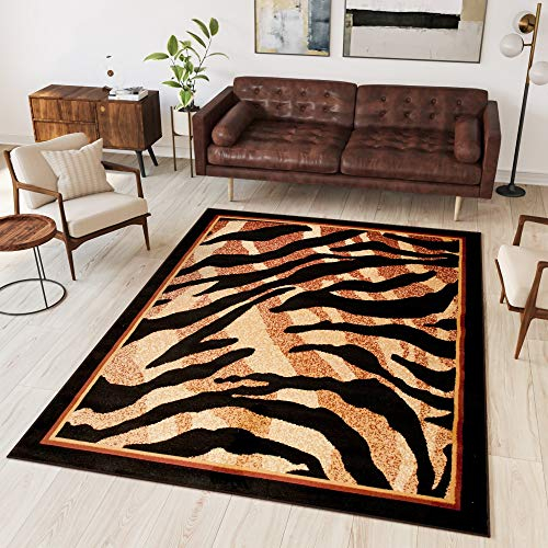 TAPISO Atlas Teppich Kurzflor Afrika Tiermotiv Tiger Beige Braun Schwarz Bordüre Wohnzimmer Schlafzimmer Modern Design ÖKOTEX 160 x 220 cm
