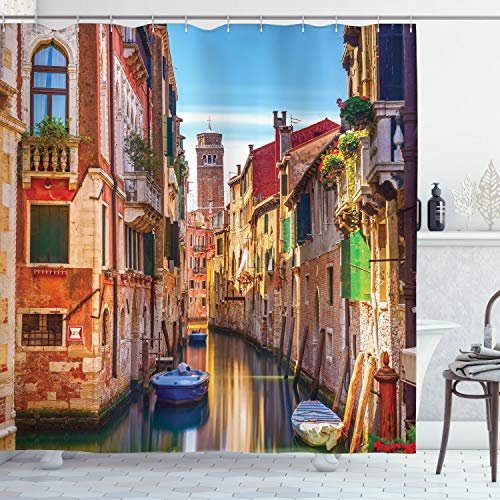 ABAKUHAUS Italien Duschvorhang, Venedig-Kanal Stadtbild, Stoffliches Gewebe Badezimmerdekorationsset mit Haken, 175 x 240 cm, Lachs Blau