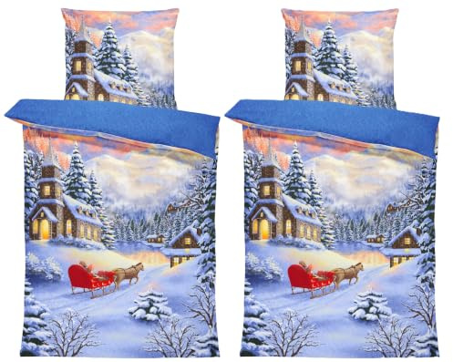 one-home Winter Bettwäsche Thermo Fleece Kuschelig Warme Bettbezüge Flauschig Warm Weich, Größe:4 teilig 135x200 cm, Farbe:Winterlandschaft Blau