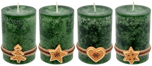 ZauberDeko 4 Adventskerzen Kerzen Stumpenkerzen Grün Dunkelgrün Kekse Plätzchen Weihnachten Advent Deko Tischdeko