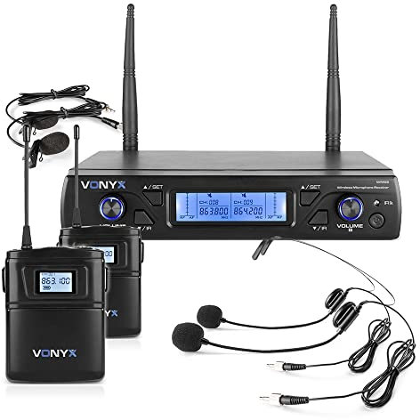 VONYX WM62B 2-Channel UHF Wireless Microphone System with Selectable Frequencies, Headset and Lapel Mic, XLR and 6.3mm Outputs for Presentations, Events and Performances