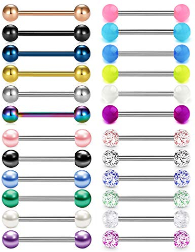 Rajnard Zungenpiercing Nippelpiercing Brustwarzenpiercing 14G 16mm Chirurgischer Stahl mit Zirkon Glitter Ball Leuchtperle Piercing Schmuck Frauen Mädchen 24pcs Mixfarben