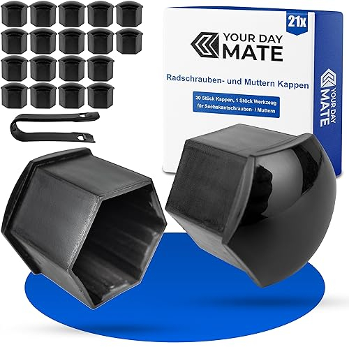 Radschrauben- und Muttern Kappen Set, 21-teilig, für 21 mm Sechskant Schrauben und Muttern, min. Ø 28 mm Felgen Schraubenloch, Radmutternkappen in Schwarz-glänzend, 1 x Werkzeug, Radbolzen Abdeckung