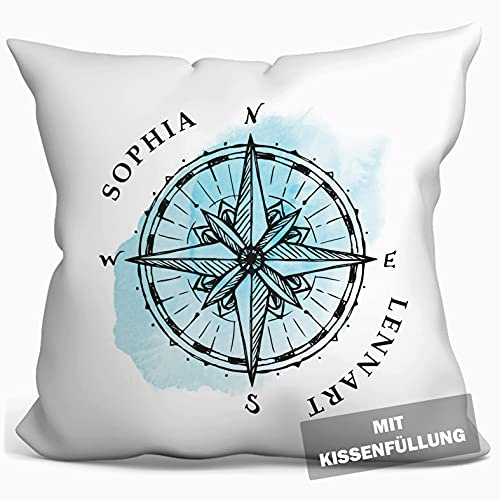 personalisierbares Kissen zur Hochzeit, Hochzeitskissen Kompass Hochzeits-Geschenk Standesamt Kirchlich Freie Trauung, Kissenhülle mit Füllung, Kissen mit Namen und Datum weiß 40cm x 40cm (Kompass)