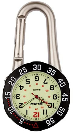 Klox Unisex-Uhr Schwarz, drehbare Lünette analoges Quarzwerk mit silbernem Clip am Karabiner