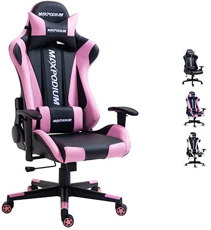 MaxPodium Skilled Gaming Stuhl - Gamer Sessel Racing, Ergonomischer Bürostuhl, Stahl Struktur, Nacken und Lendenkissen, 180° Neigung, Wippfunktion, Synthetisches PVC, 150kg Belastbarkeit Rosa