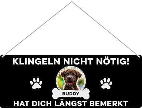 Hunde Schild personalisiert - Klingeln Nicht Nötig - Metallschild mit Foto und Name für außen, wetterfestes Türschild für Hundebesitzer - Outdoor Querformat 24x9 cm, Hund, Schwarz