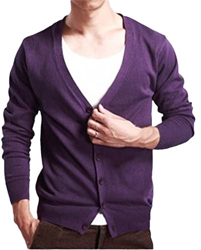 KEHAIOO Primavera Autunno Uomo Scollo a V Cardigan Maglione Sottile Vita Lana Capp, Viola scuro, M