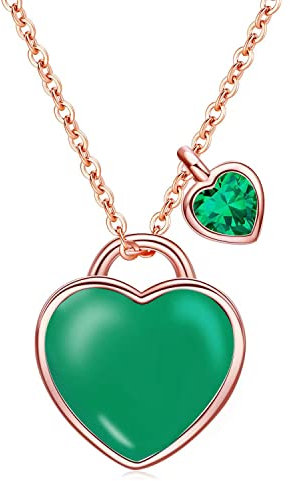 Qings May Birthstone Emerald Necklace - Rose Gold Sterling Silver Dainty Forever Love Double Heart Pendant Green Heart-shaped CZ Gemstone Cubic Zirconia Adjustable Chain Jewelry Gifts for Girls Wife