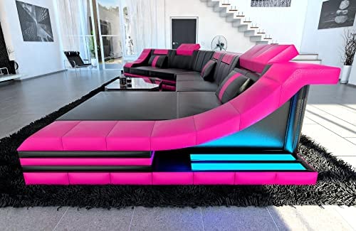 Couch Wohnlandschaft Turino CL Form Sofa in Leder - mit LED Beleuchtung, verstellbare Kopfstützen, Recamiere/Lederfarben wählbar/Ausrichtung wählbar (Ottomane rechts, Schwarz-Pink)